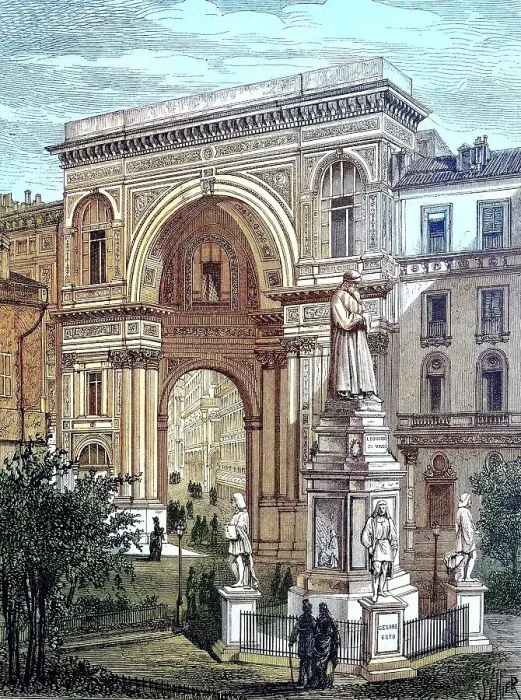 Framed Print : The monument of Leonardo da Vinci in front of the entrance to the Victor Emanuel Gallery in Milan, Italy, reproduction of an image, woodcut from the year 1881, digitally restored, historical Framed Print : The monument of Leonardo da Vinci in front of the entrance to the Victor Emanuel Gallery in Milan, Italy, reproduction of an image, woodcut from the year 1881, digitally restored, historical