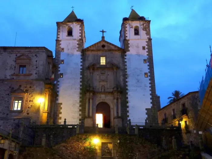 Framed Print : Monumental church in Caceres illuminated at dusk