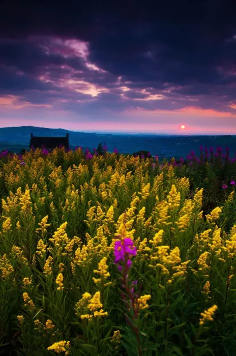 Framed Print : Moody sunset with flowers, English Peak District Framed Print : Moody sunset with flowers, English Peak District