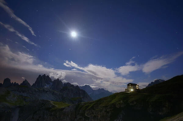 Full moon over Auronzo hut, Dolomites