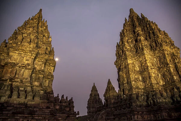 Moon over Prambanan Temple at night