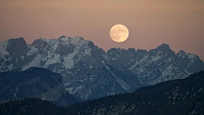 Framed Print : The full moon rising over the Kaiser Mountains, Tyrol, Austria