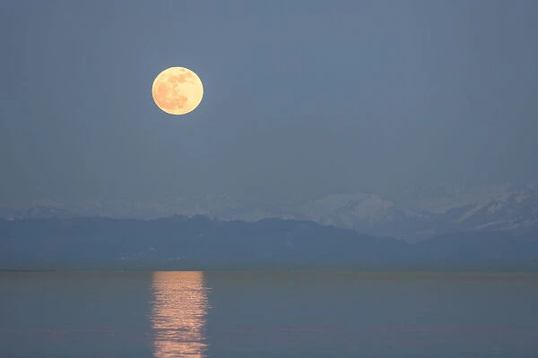 Full moon rising over Lake Constance and Mount Pfaender, Lake Constance, Baden-Wurttemberg, Germany