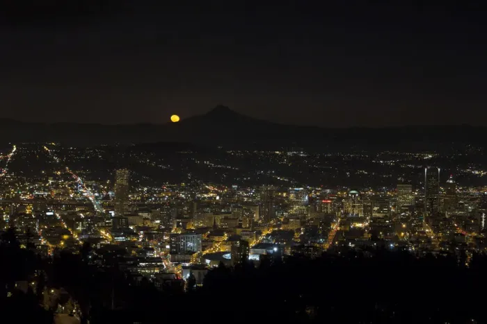 Framed Print : Moonrise Over Portland Oregon Cityscape Framed Print : Moonrise Over Portland Oregon Cityscape