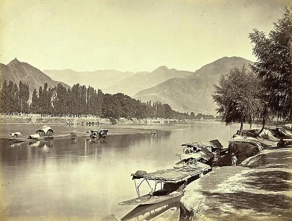 Moonshi Bagh, River Landscape near the Town of Srinager, Kashmir, c. 1887, India, Historic, digitally restored reproduction from an original of the period