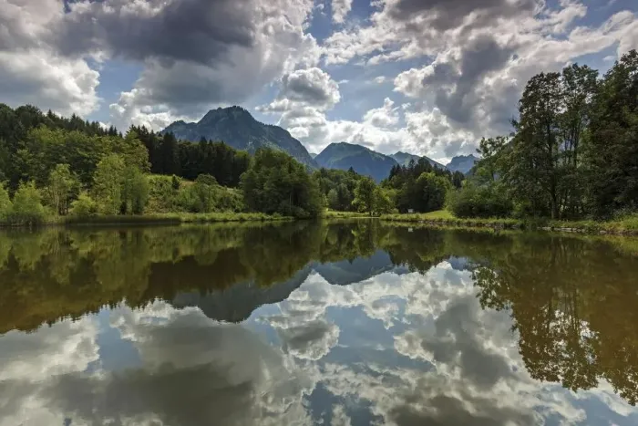 Framed Print : Moor, marsh pond, water reflection, behind Allgaeuer Alps, Oberstdorf, Oberallgaeu