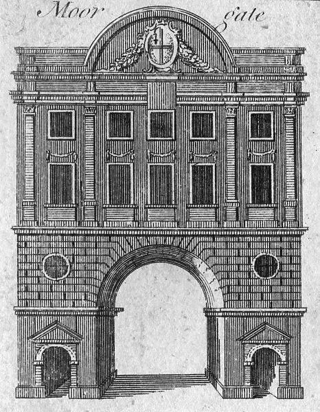 Moorgate. circa 1800: A view of the facade of Moorgate in london