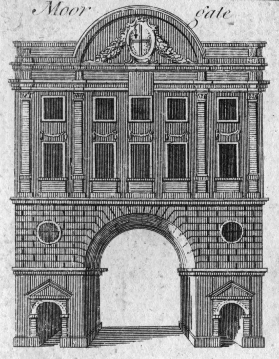 Framed Print : Moorgate. circa 1800: A view of the facade of Moorgate in london Framed Print : Moorgate. circa 1800: A view of the facade of Moorgate in london