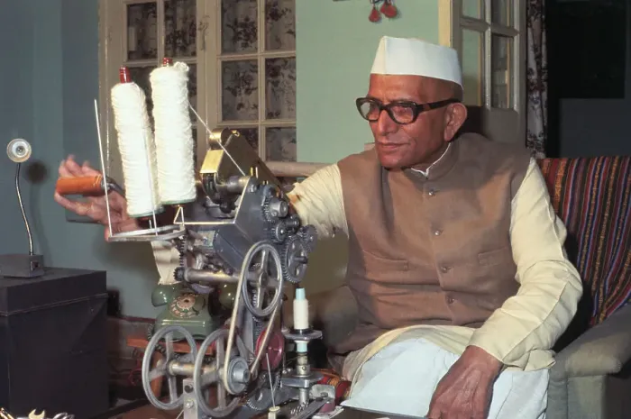 Framed Print : Morarji Desai with Spinning Wheel Framed Print : Morarji Desai with Spinning Wheel