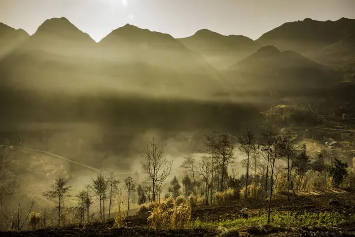 Framed Print : Morning Fog in Dong Van Rock Plateau