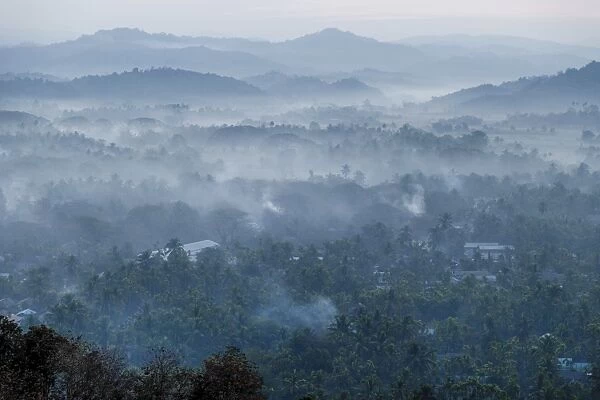 Morning fog over a hilly landscape, Ngapali Beach, Thandwe, Myanmar