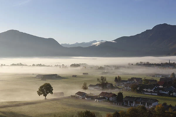Morning fog over Loisach Moor or Loisach-Kochelsee-Moor, Kleinweil, right, Grossweil community, Mt Kesselberg at back, Blaues Land region, Upper Bavaria, Bavaria, Germany, Europe