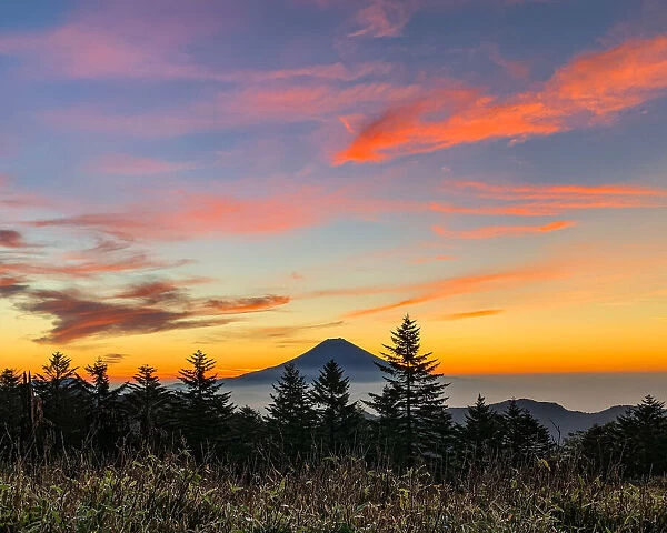 Morning Fuji in the brightly colored sky