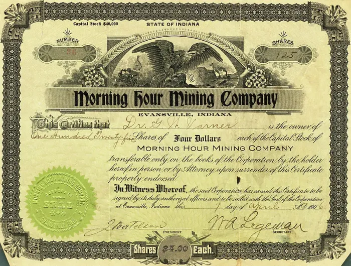 Framed Print : Morning Hour Mining Company Certificate Framed Print : Morning Hour Mining Company Certificate