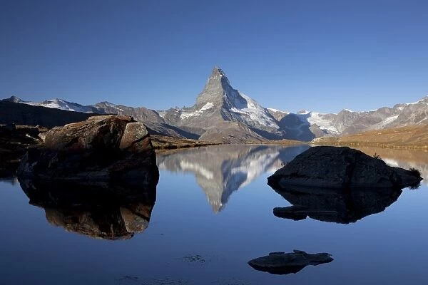 Morning mood with the Matterhorn reflected in Lake Stellisee, Zermatt, Valais, Swiss Alps, Switzerland, Europe, PublicGround