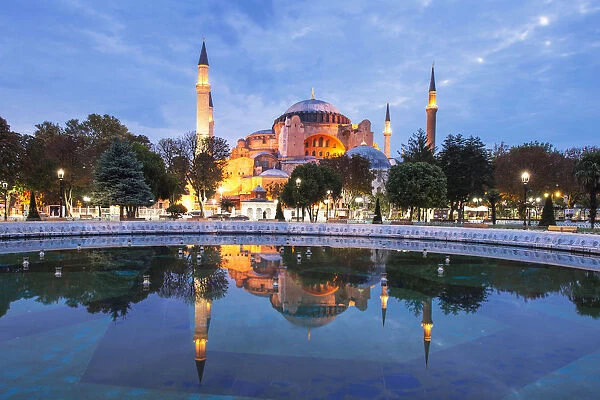 Morning view of Hagia Sophia with reflection