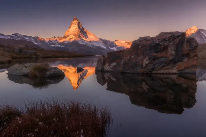 Framed Print : Morning view at Stellisee lake with Matterhorn background