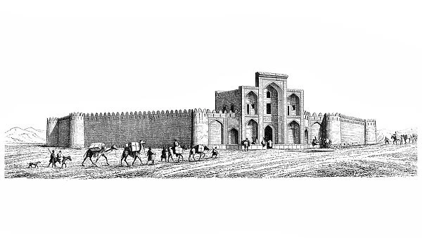 Mosque and caravan of camels