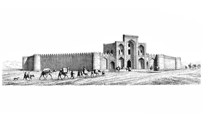 Framed Print : Mosque and caravan of camels Framed Print : Mosque and caravan of camels