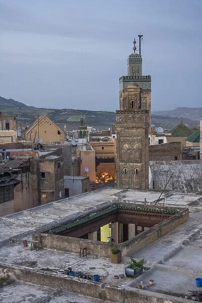 Mosque minaret and roofs of Fez