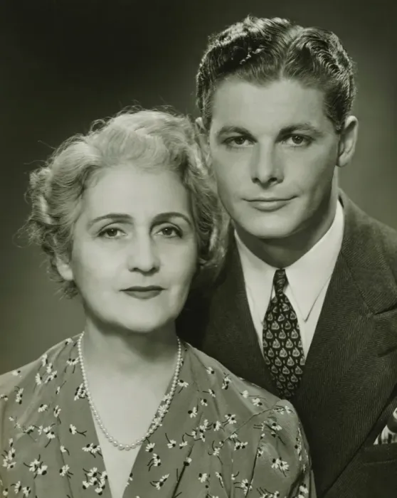 Framed Print : Mother and adult son, formal portrait, in studio, (B&W), portrait