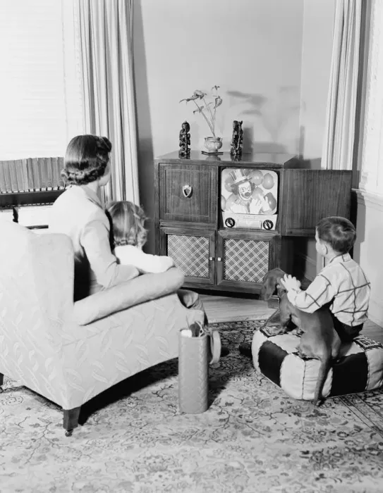 Framed Print : Mother and children watching television Framed Print : Mother and children watching television