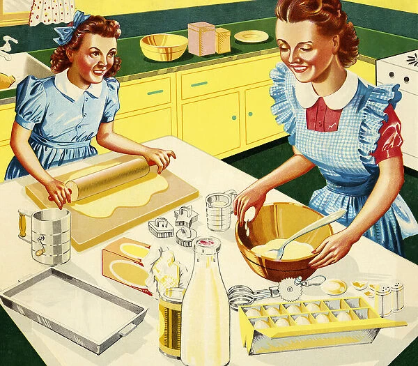 Mother and Daughter Baking in Kitchen