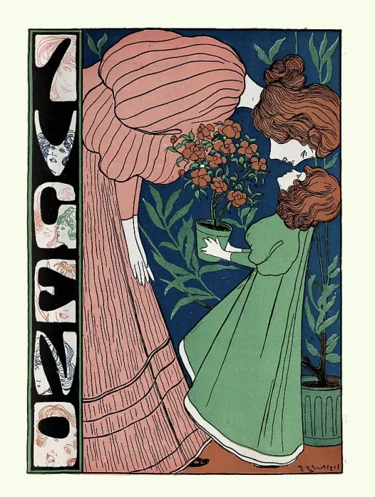 Framed Print : Mother and daughter, Rose plant, Jugendstil, Art Nouveau. German 1890s