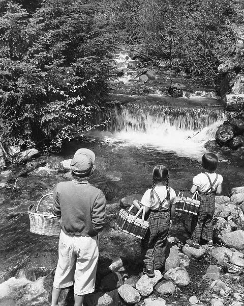 Mother and daughters, carrying picnic baskets, looking at waterfall