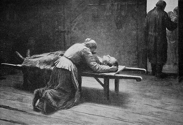 Mother mourning at the deathbed of her deceased son, 1880, Germany, Historical, digital reproduction of an original 19th century painting, original date not known