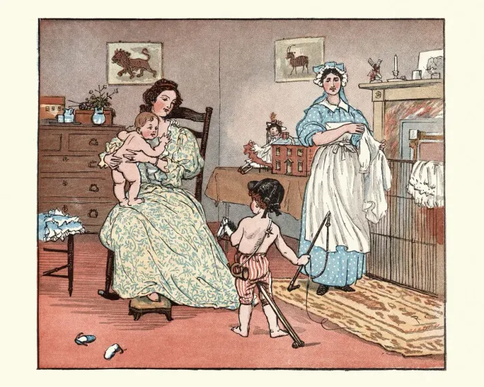 Framed Print : Mother, nanny dressing baby in the nursery, boy playing with Hobby horse, Victorian Framed Print : Mother, nanny dressing baby in the nursery, boy playing with Hobby horse, Victorian