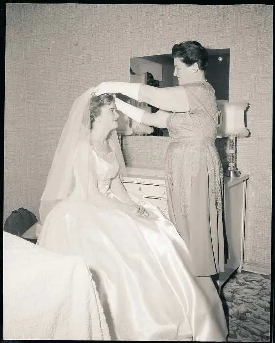 Framed Print : Mother Putting Bridal Veil on Daughter Framed Print : Mother Putting Bridal Veil on Daughter