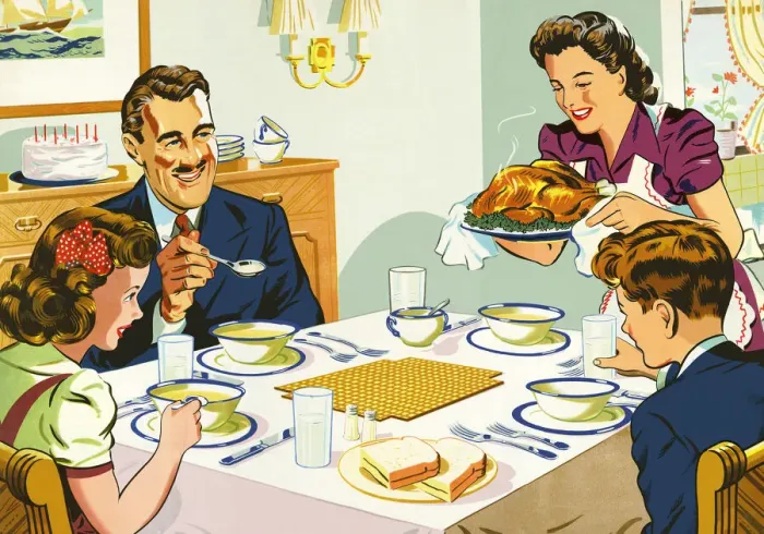 Framed Print : Mother Serving Dinner to Her Family Framed Print : Mother Serving Dinner to Her Family