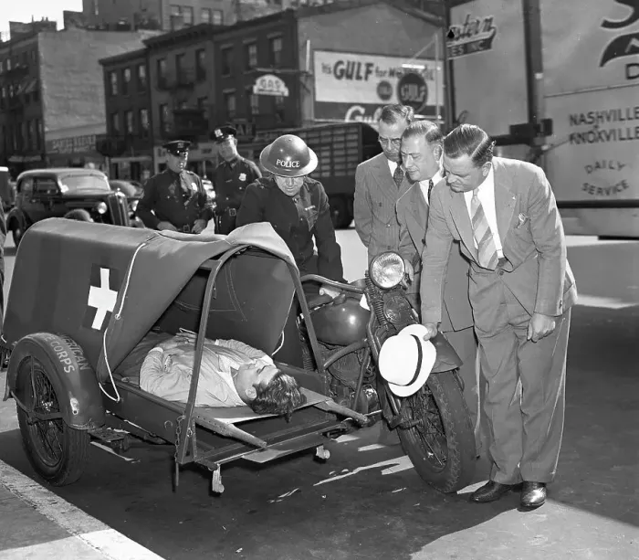 Framed Print : Motorcycle Ambulance Is Inspected By Civilian Defense Officers Framed Print : Motorcycle Ambulance Is Inspected By Civilian Defense Officers