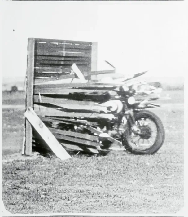 Framed Print : Motorcycle Crashing Through Fence Framed Print : Motorcycle Crashing Through Fence