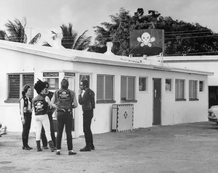 Framed Print : Motorcycle Gang Outside Closed Bar