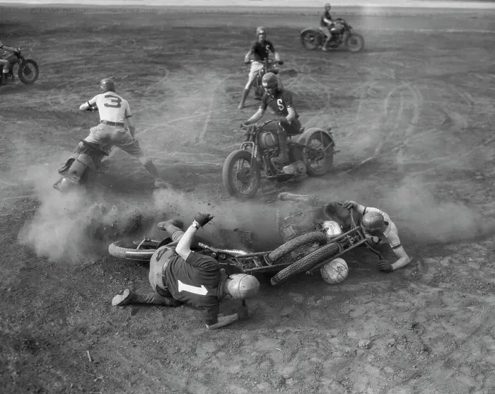 Framed Print : Motorcycle Polo with a Spill Framed Print : Motorcycle Polo with a Spill