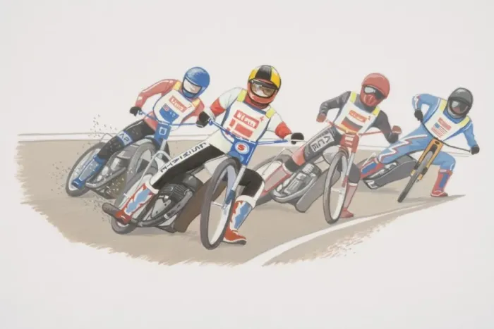 Framed Print : Motorcyclists racing on curved track, front view