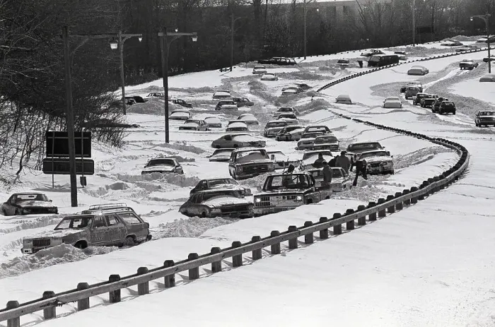 Framed Print : Motorists Dig Out Cars on Snowy Parkway Framed Print : Motorists Dig Out Cars on Snowy Parkway