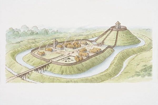 Motte-and-bailey castle, raised earth mound and enclosed courtyard, surrounded by water ditch