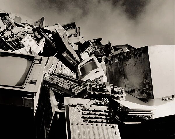Mound of discarded computers and computer parts (B&W)