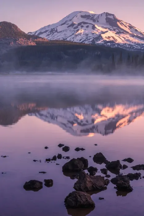Framed Print : Mount Bachelor by lake in fog, Sparks Lake, Oregon, USA