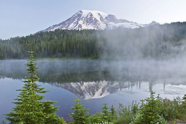 Mount Rainier and Reflection Lakes in fog, Mount Rainier National Park, Washington State, USA