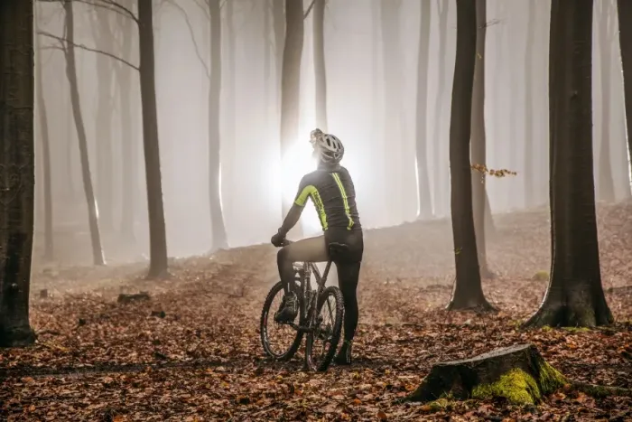 Framed Print : Mountain biker in misty forest Framed Print : Mountain biker in misty forest