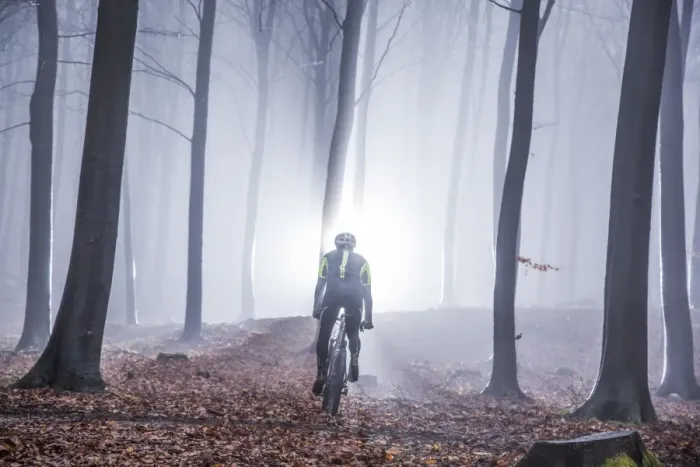 Framed Print : Mountain biker in misty forest Framed Print : Mountain biker in misty forest