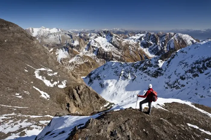 Framed Print : Mountain climber on the summit ridge while descending from Wilde Kreuzspitze Mountain in the Pfunderer Mountains, overlooking the Vals Valley and Wurmaulspitz Mountain, Alto Adige, Italy, Europe Framed Print : Mountain climber on the summit ridge while descending from Wilde Kreuzspitze Mountain in the Pfunderer Mountains, overlooking the Vals Valley and Wurmaulspitz Mountain, Alto Adige, Italy, Europe