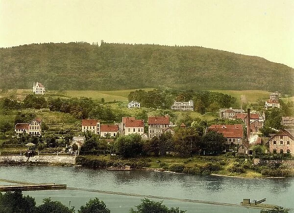 The mountain Kluet and the Weser, Hamelin, Lower Saxony, Germany, Historic, digitally restored reproduction of a photochrome print from the 1890s