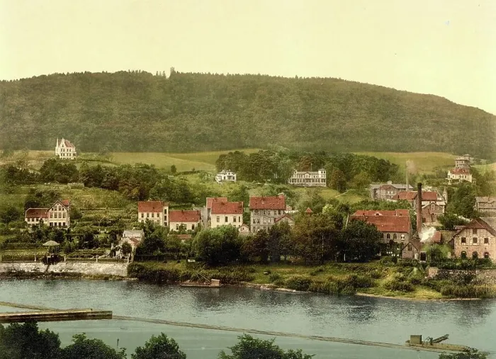 Framed Print : The mountain Kluet and the Weser, Hamelin, Lower Saxony, Germany, Historic, digitally restored reproduction of a photochrome print from the 1890s Framed Print : The mountain Kluet and the Weser, Hamelin, Lower Saxony, Germany, Historic, digitally restored reproduction of a photochrome print from the 1890s