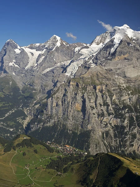 Mountain landscape with Eiger, Monk, Jungfrau peaks, Murren, Bern Canton, Switzerland