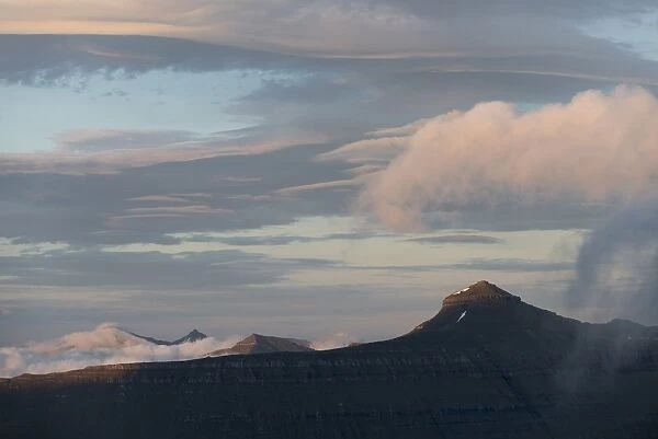 Mountain landscape in the evening light with a cloudy sky, Slaettaratindur, Eysturoy, Faroe Islands, Denmark